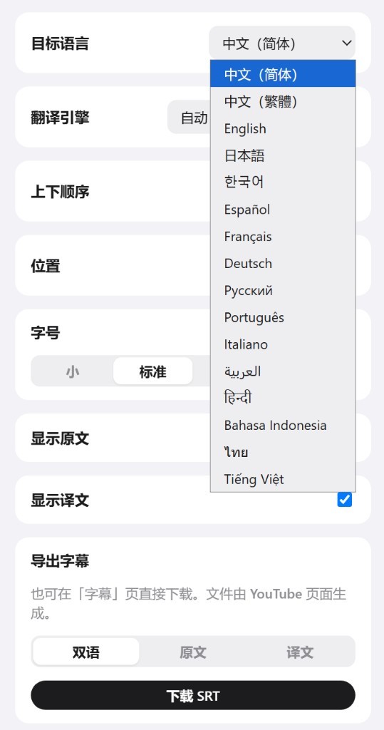 Settings with target languages and SRT export.